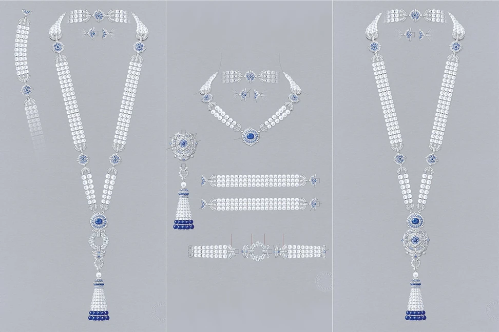 <p>Drawings of the Van Cleef & Arpels Pompon Margaret long necklace watch highlighting the many ways it can be worn and transformed</p>