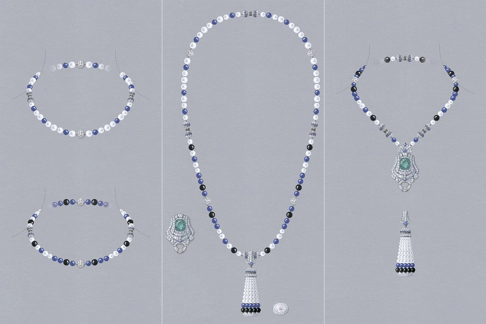 <p>Drawings that demonstrate the transformations of the Van Cleef & Arpels Pompon Leila long necklace with sapphires, black spinels, onyx and lapis lazuli</p>