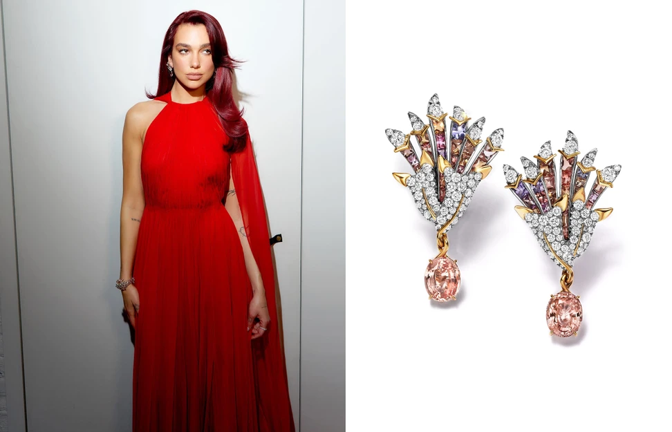 <p>Dua Lipa in gold, platinum, orange sapphire, Umba sapphire and diamond earrings, a gold, platinum, orange sapphire and Padparadscha sapphire bracelet, both from the 2023 Tiffany Blue Book Collection, paired with a Tiffany Victoria® alternating ring in platinum and diamond</p>
