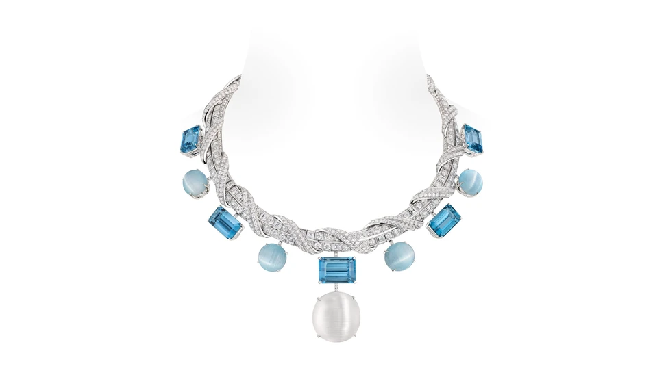 <p>The Enigma high jewellery necklace, set with custom-cut diamonds, 70.18ct of Santa Maria aquamarines, 80.50ct greyish-blue cat’s-eye topazes and a 127.66ct cat’s-eye topaz cabochon drop</p>
