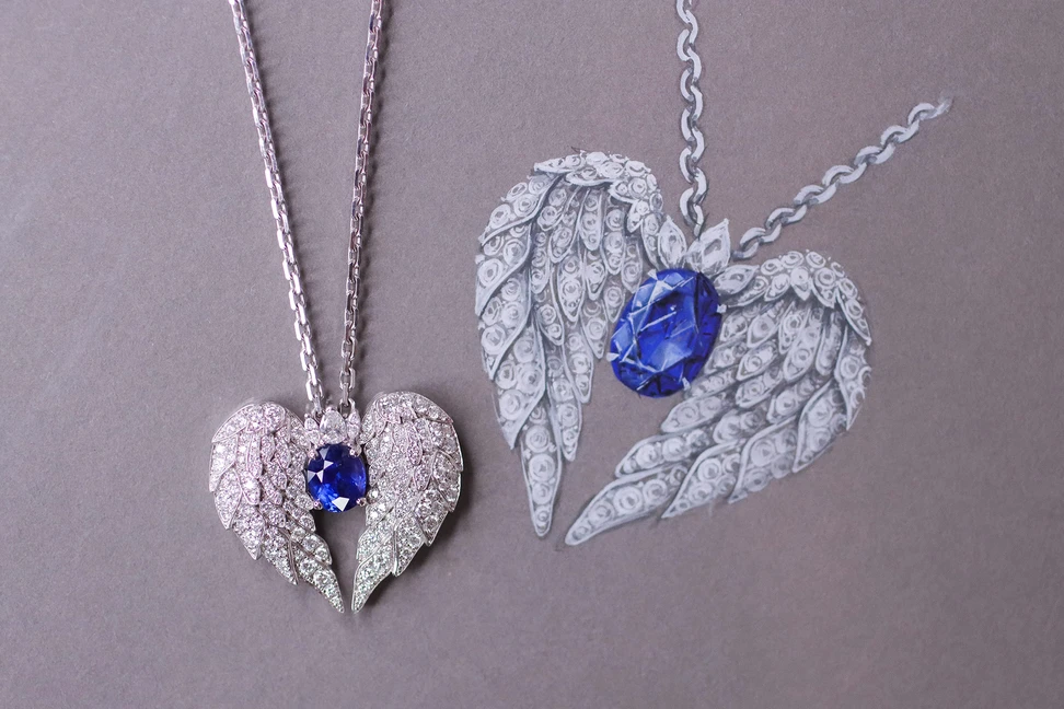 <p>The bespoke oval-shaped sapphire and diamond pendant created by El&#8217;eeté Jewellery Founder Elvira Iurova for Katerina Perez </p>
