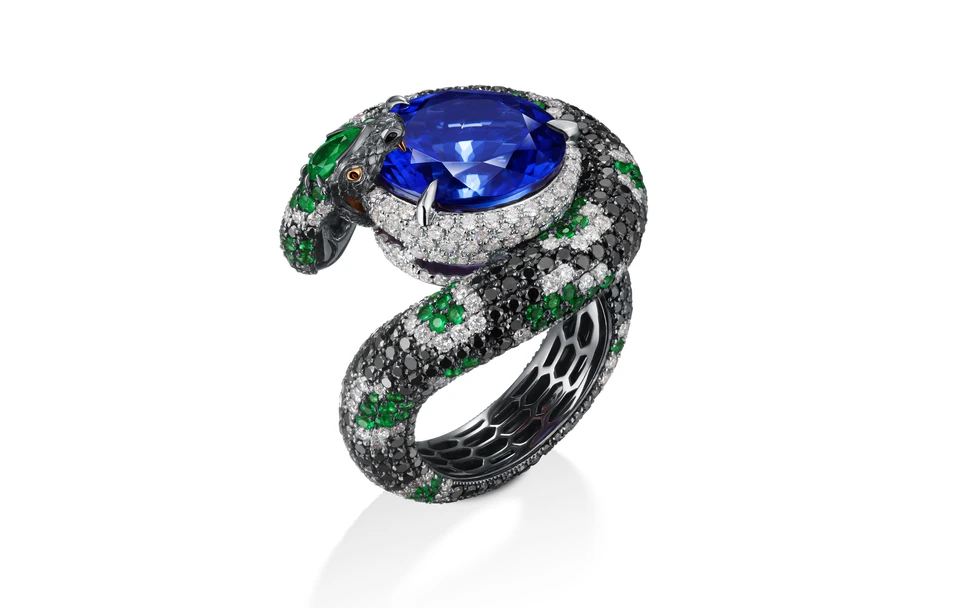 <p>Elena Semy Jewellery ‘Semy Classic’ ring with a 9.87 carat tanzanite, 2.95 carats of black diamonds, 1.73 carats of white diamonds, and 1.14 carats of emeralds in 18k white gold</p>