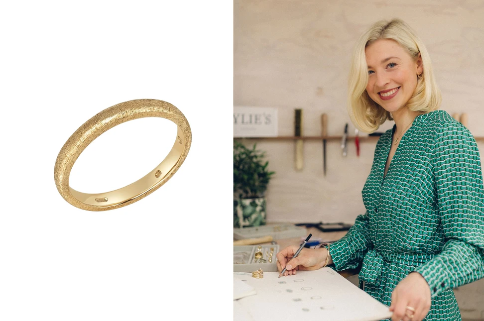 LYLIE Jewellery founder Eliza Walter, alongside her silk-engraved wedding ring in 9K yellow gold