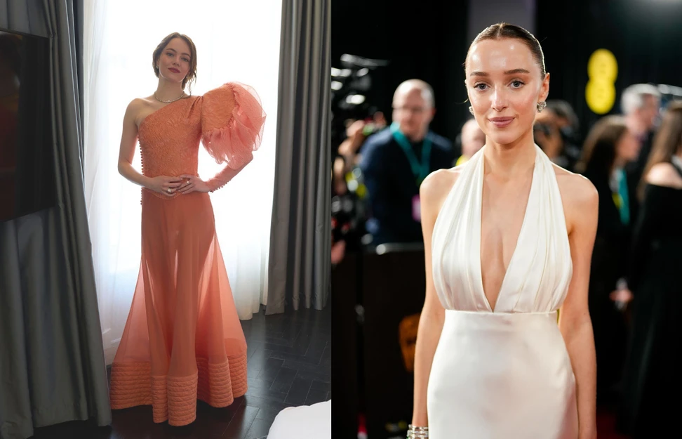 <p>Emma Stone in gold and diamond earrings and necklace, alongside Phoebe Dynevor in white gold, emerald and diamond earrings and cuff, all by Louis Vuitton</p>