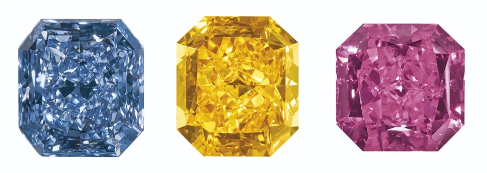 <p>Fancy vivid blue cut-cornered rectangular modified brilliant-cut diamond of 2.13 carats; a fancy vivid orange cut-cornered rectangular modified brilliant-cut diamond of 2.34 carats; and a fancy vivid purplish pink cut-cornered square modified brilliant-cut diamond of 2.17 carats</p>
