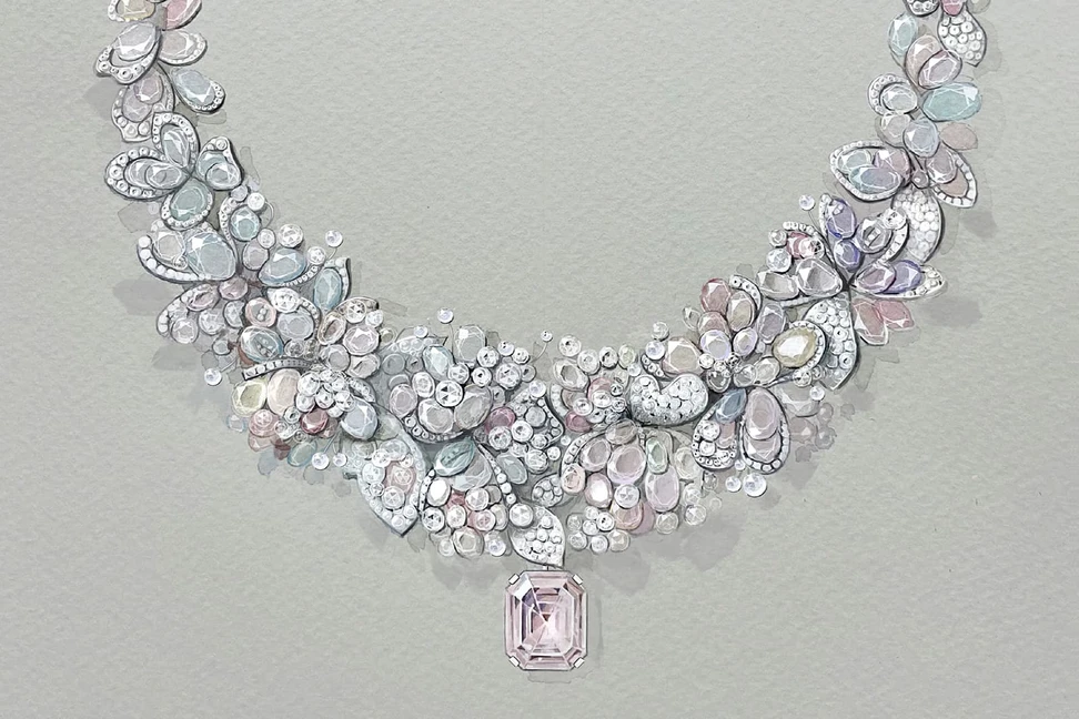 <p>Feng J is known for “painting with precious stones” and chose a pastel palette over brightly coloured paints for the Jardin de Giverny necklace</p>