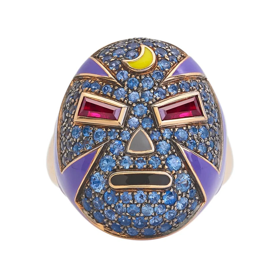 <p>Francesca Villa Mankind Wrestler Mask ring in rose gold, enamel, sapphire and ruby</p>