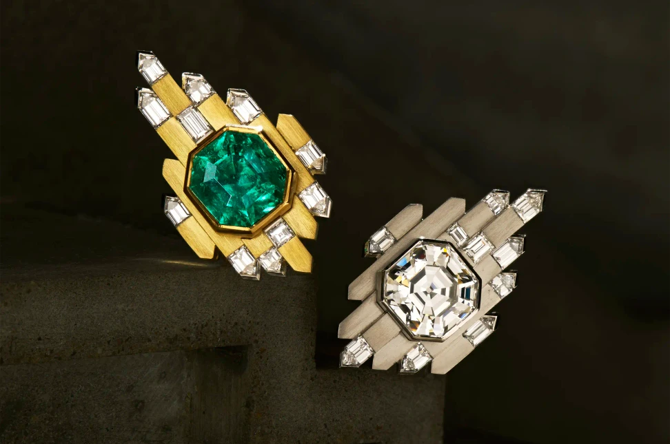 Colombian emeralds and Asscher cut diamonds come together in a bold architectural design that reimagines how the stones are worn.