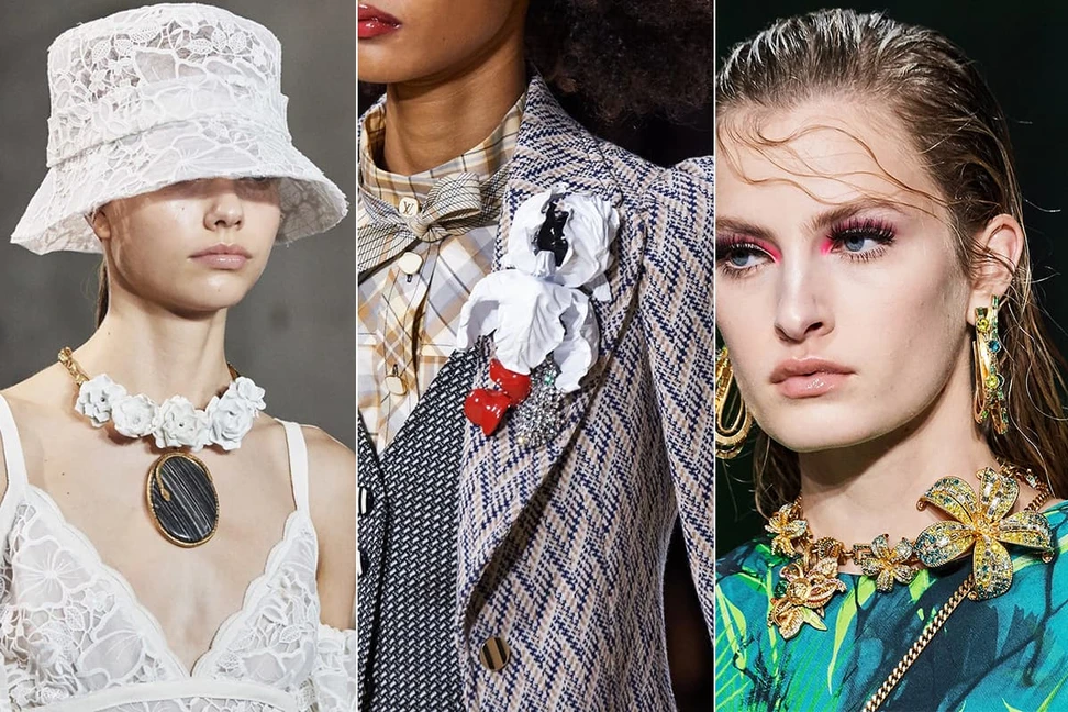 <p>Giambattista Valli, Louis Vuitton and Versace catwalks featuring floral jewellery</p>