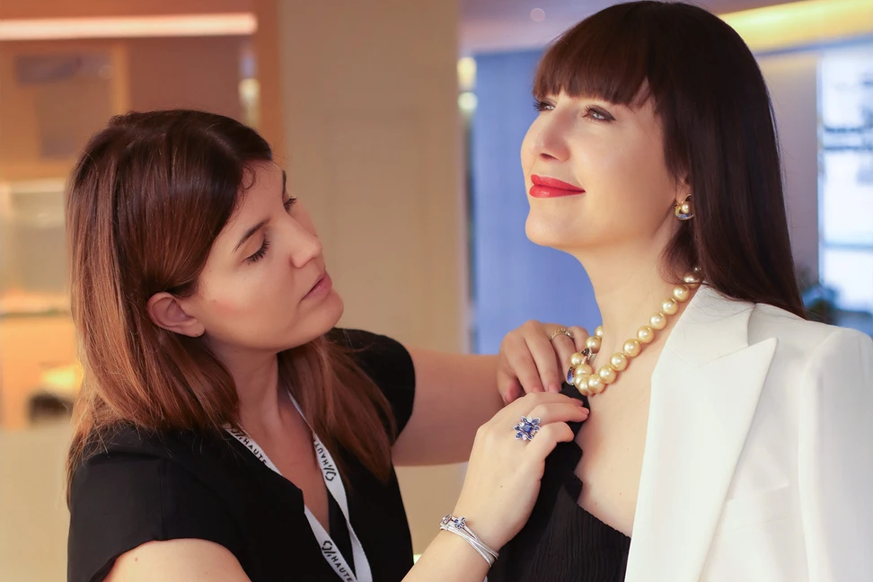 <p>SICIS Creative Director Gioia Placuzzi with Katerina Perez at the brand’s Parisian boutique at 19 Rue Marbeuf</p>