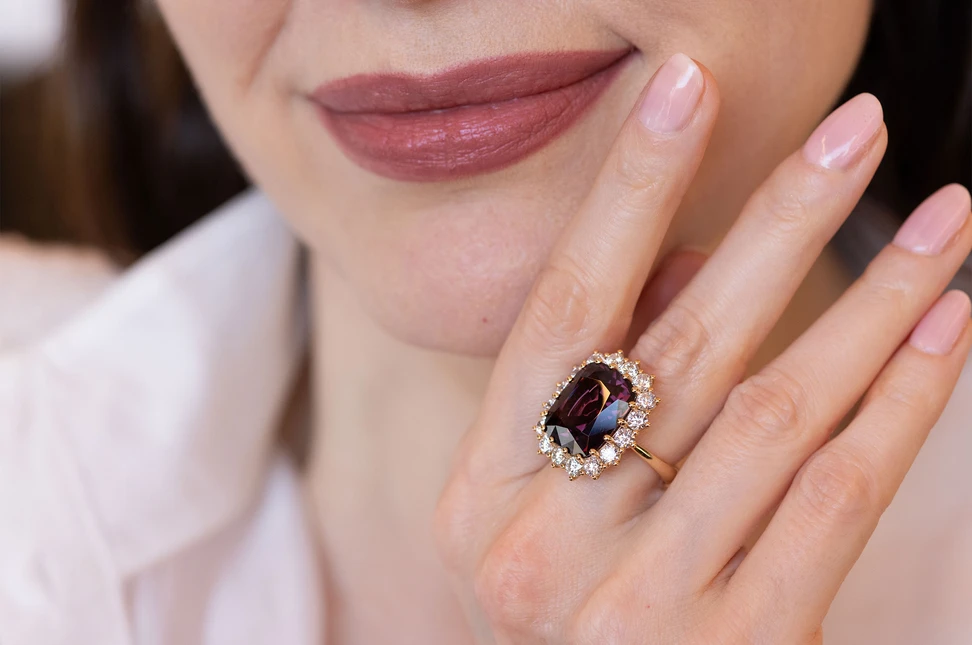 Katerina Perez wears a ring by Giorgio Visconti set with a spinel and diamonds in rose gold 