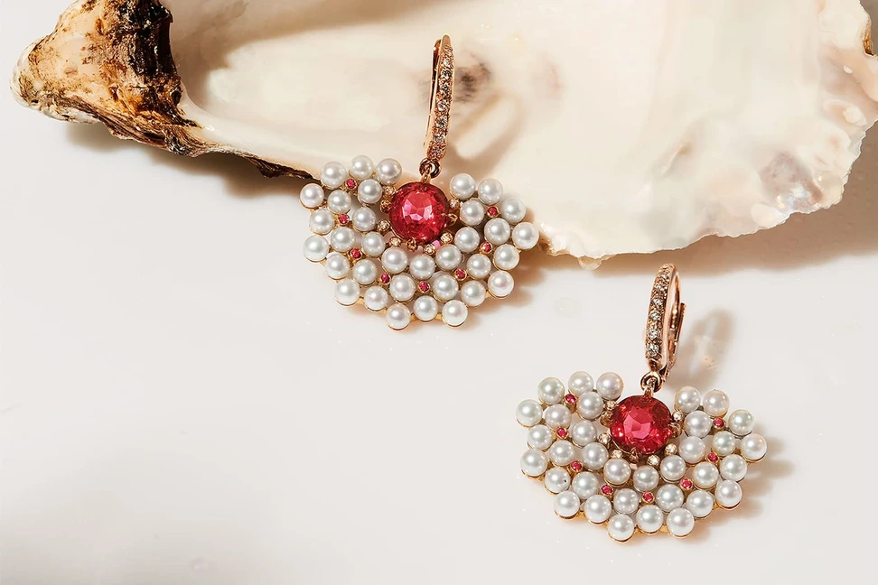 <p>Gold, spinel, Ayoka pearl and diamond earrings</p>