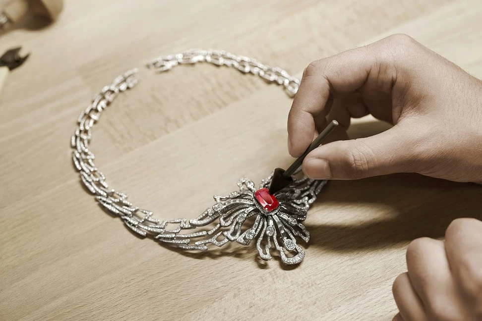 <p>Gübelin ‘Wings of a Dragonfly’ transformable necklace with 10.64ct Burmese ruby and 13 cushion cut diamonds, 43 fancy cut diamonds and 1788 round brilliant cut diamonds totalling 19.49ct</p>