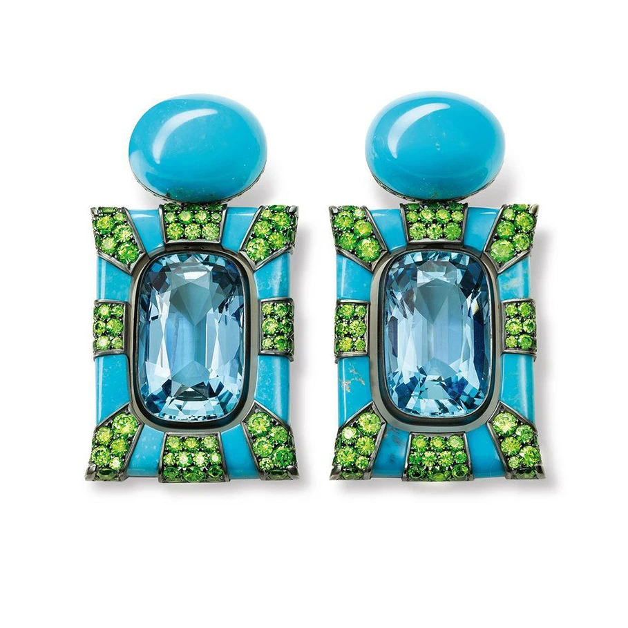 <p>HEMMERLE earrings – aquamarines, turquoises, demantoid garnets</p>