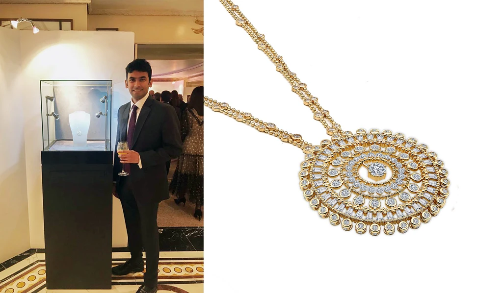 <p>Harakh Mehta with the Harakh ‘Sunlight’ necklace with diamonds in yellow gold</p>