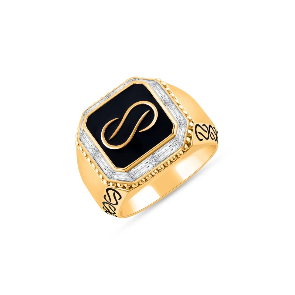 HARAKH Infinity Joy signet ring with black enamel and diamonds in 18k yellow gold