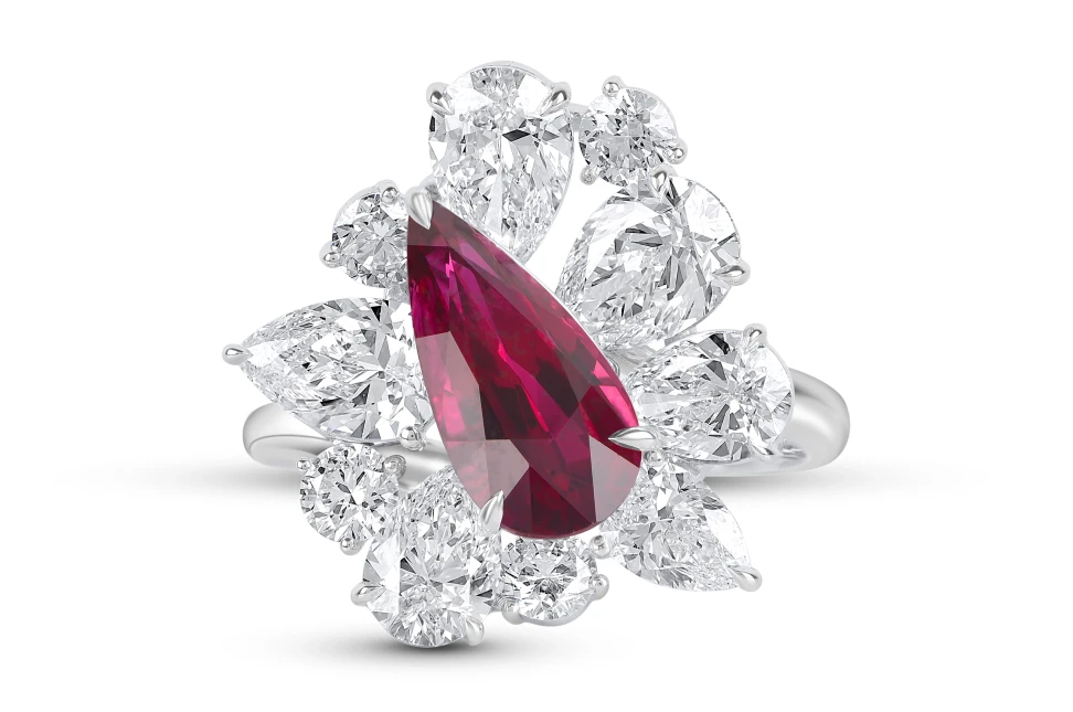 HARAKH ‘American Royalty’ High Jewellery ring with a natural, untreated pigeon’s blood ruby and fancy-shaped colourless diamonds 