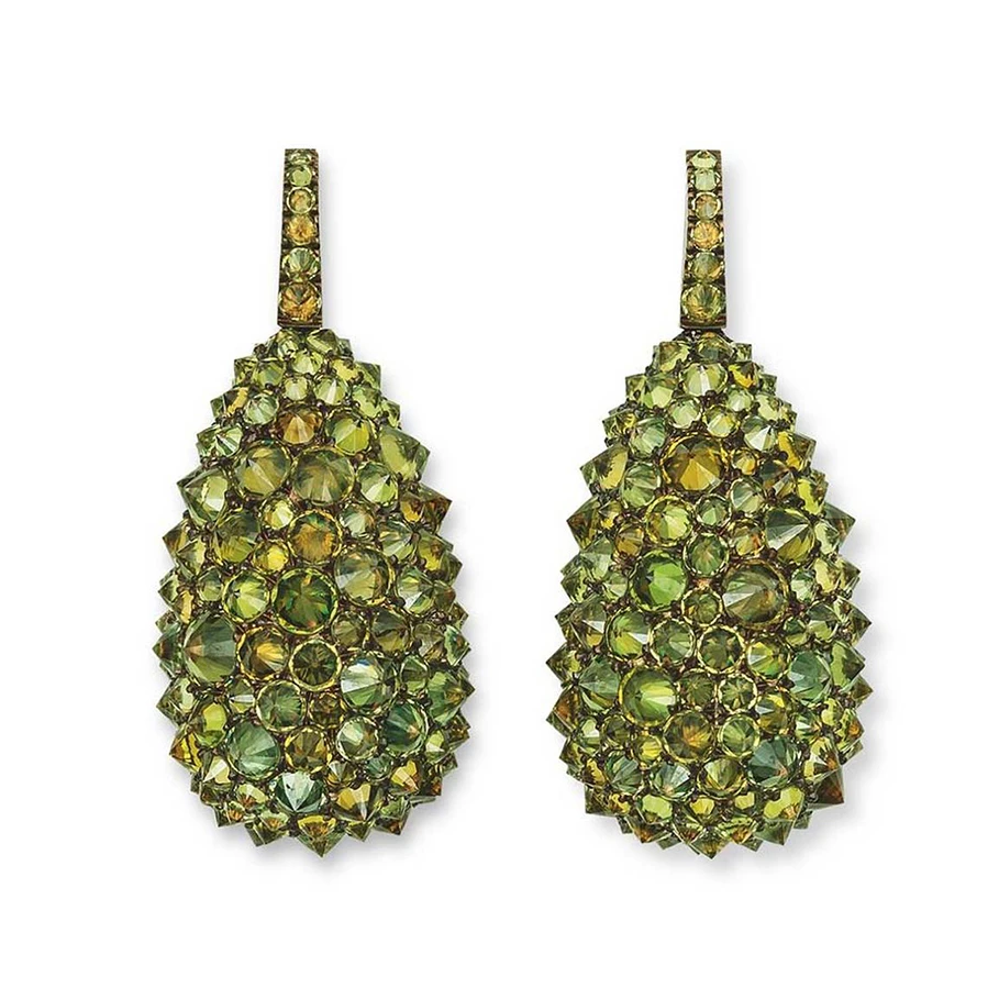 <p>Hemmerle earrings – copper and white gold, reverse set with demantoid garnets</p>