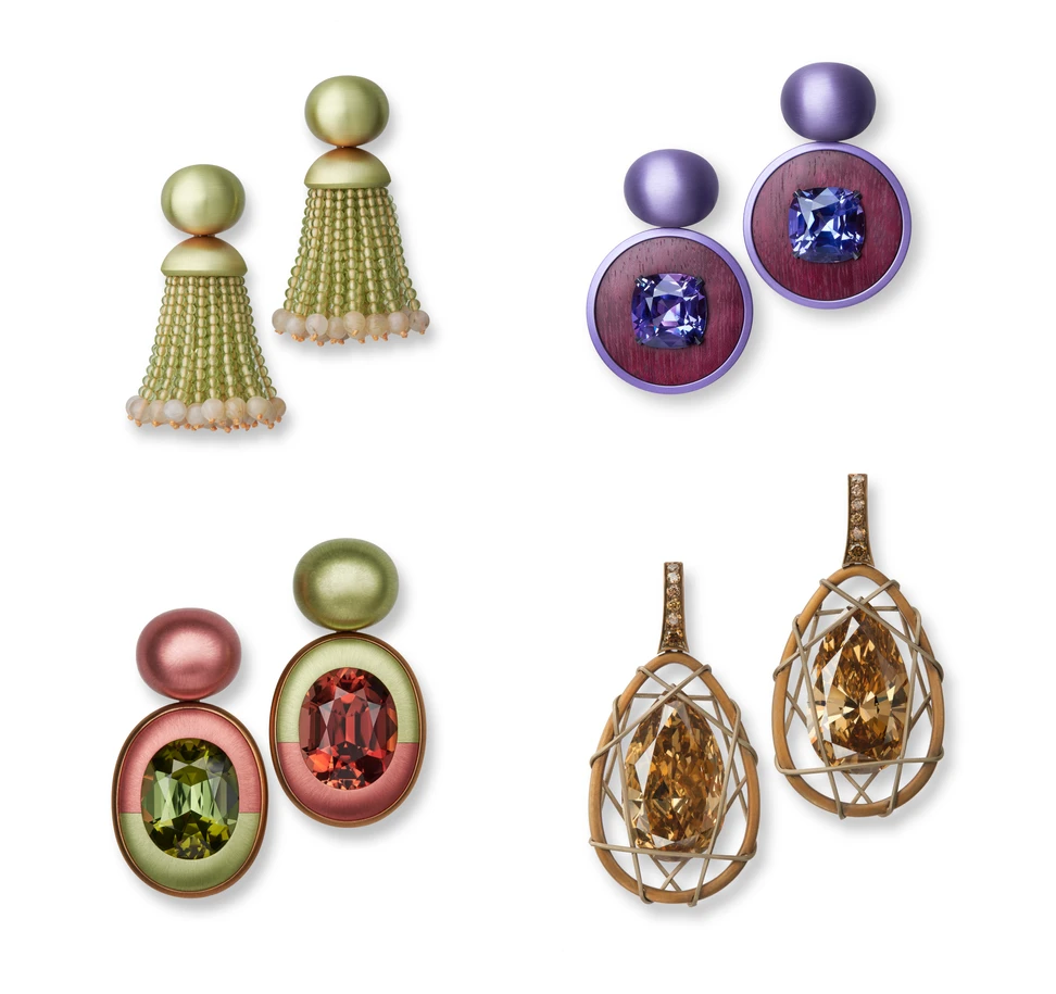 <p>Hemmerle earrings to be presented at TEFAF Maastricht 2025 set with (clockwise from left) agates and peridots in white gold, 25 carats of tanzanites in aluminium and white gold, fancy deep brown-yellow diamonds weighing more than 21.8 carats in bronze and white gold, and more than 50 carats of tourmalines in aluminium, bronze and white gold </p>