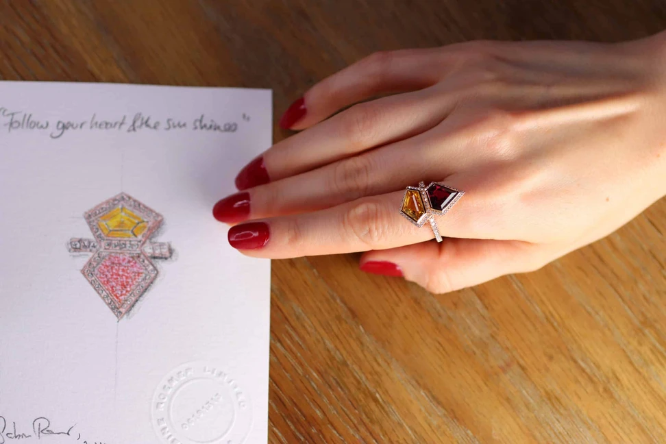 <p>The gemstones chosen for Katerina Perez’s Superwoman ring by Sabine Roemer and Minehaus reflect her unique personality and story</p>