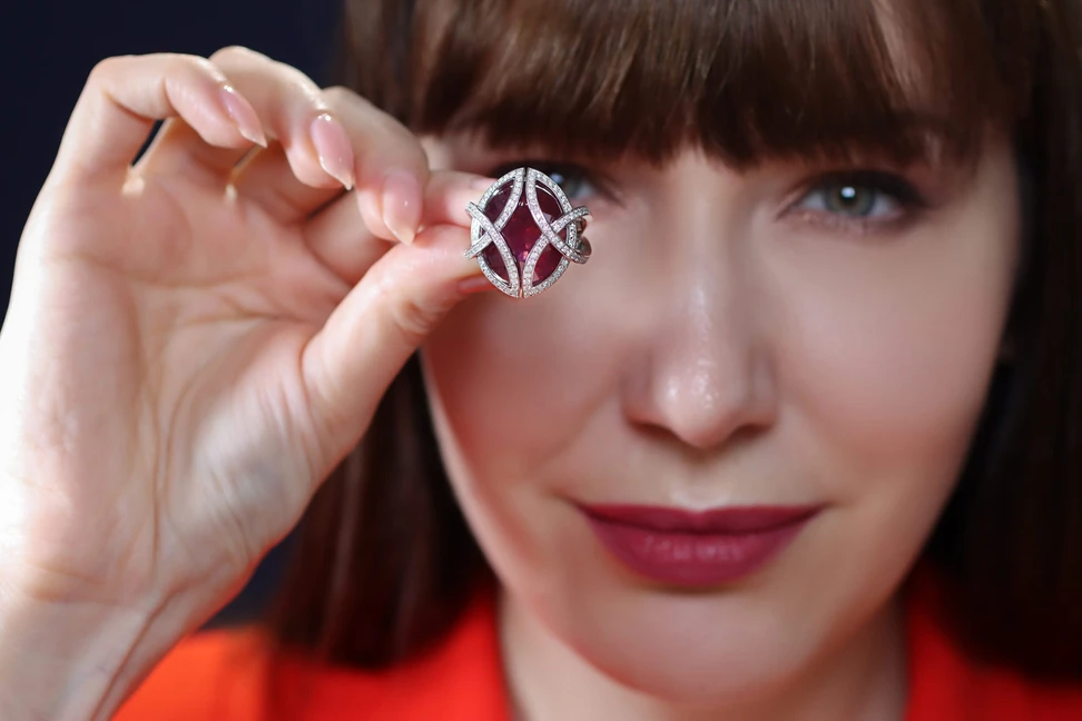 <p>Katerina Perez considers the Elena Semy Jewellery Passion ring with a 27.09 carat ruby and 1.4 carats of diamonds set in 18k white gold </p>