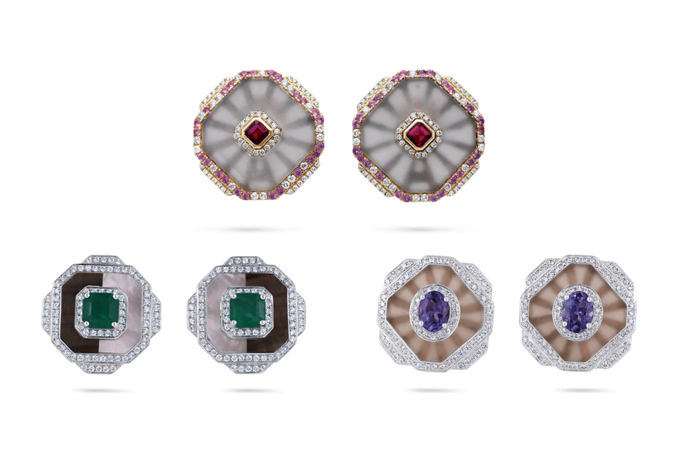 <p>Karina Choudhrie Icon Rock earrings with different combinations of rock crystal, diamonds and coloured gemstones in 18k gold  </p>
