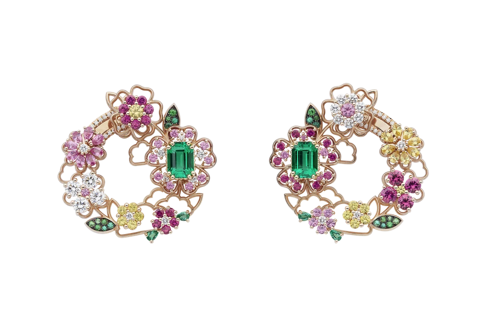 <p>A pair of earrings with multi-coloured sapphires and further gemstones in an 18k rose gold openwork floral structure from the Dior Milly Dentelle High Jewellery collection</p>