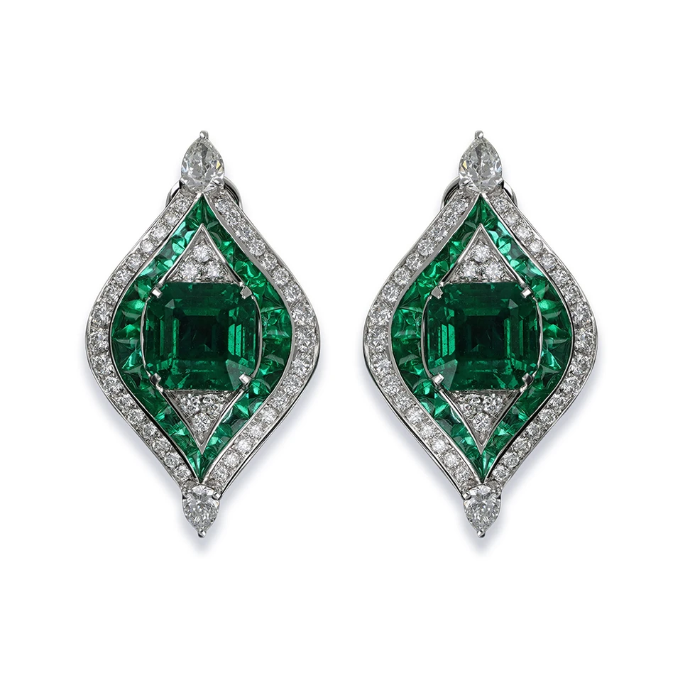 <p>J’OR Jewels Green Eyes earrings in 18k white gold with emeralds and diamonds</p>