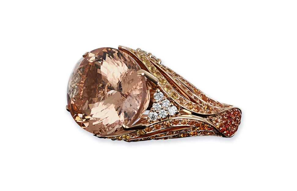 <p>J’OR Jewels Morgana collection ring with morganite, orange sapphires and colourless diamonds in 18k rose gold</p>