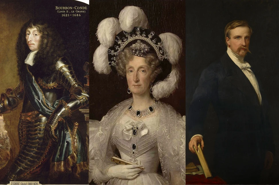 The Grand Condé pink diamond’s royal connections. From left: Louis II de Bourbon, Prince of Condé, its namesake; Queen Marie-Amélie and Henri, Duke of Aumale, both former owners