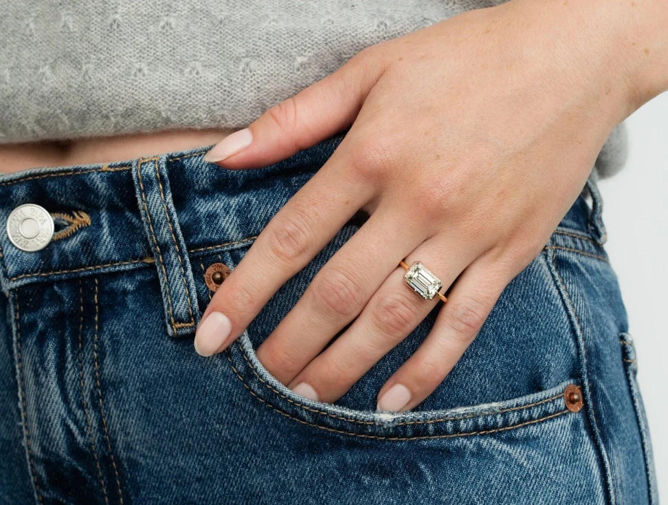 <p>East-west settings, where the stone is set horizontally, are gaining popularity—like this Jessica McCormack engagement ring</p>

