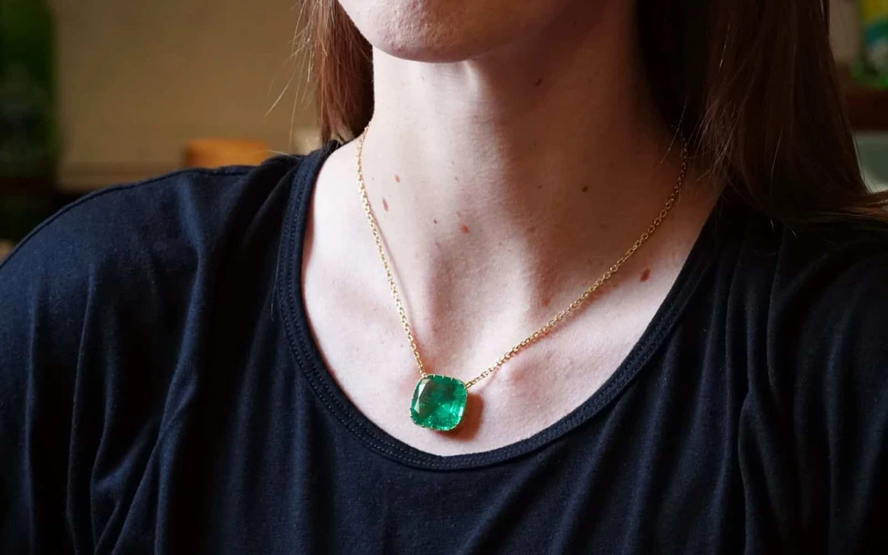 <p>Jogani necklace with a 22.36 carat cushion-cut Colombian emerald in 20k gold</p>