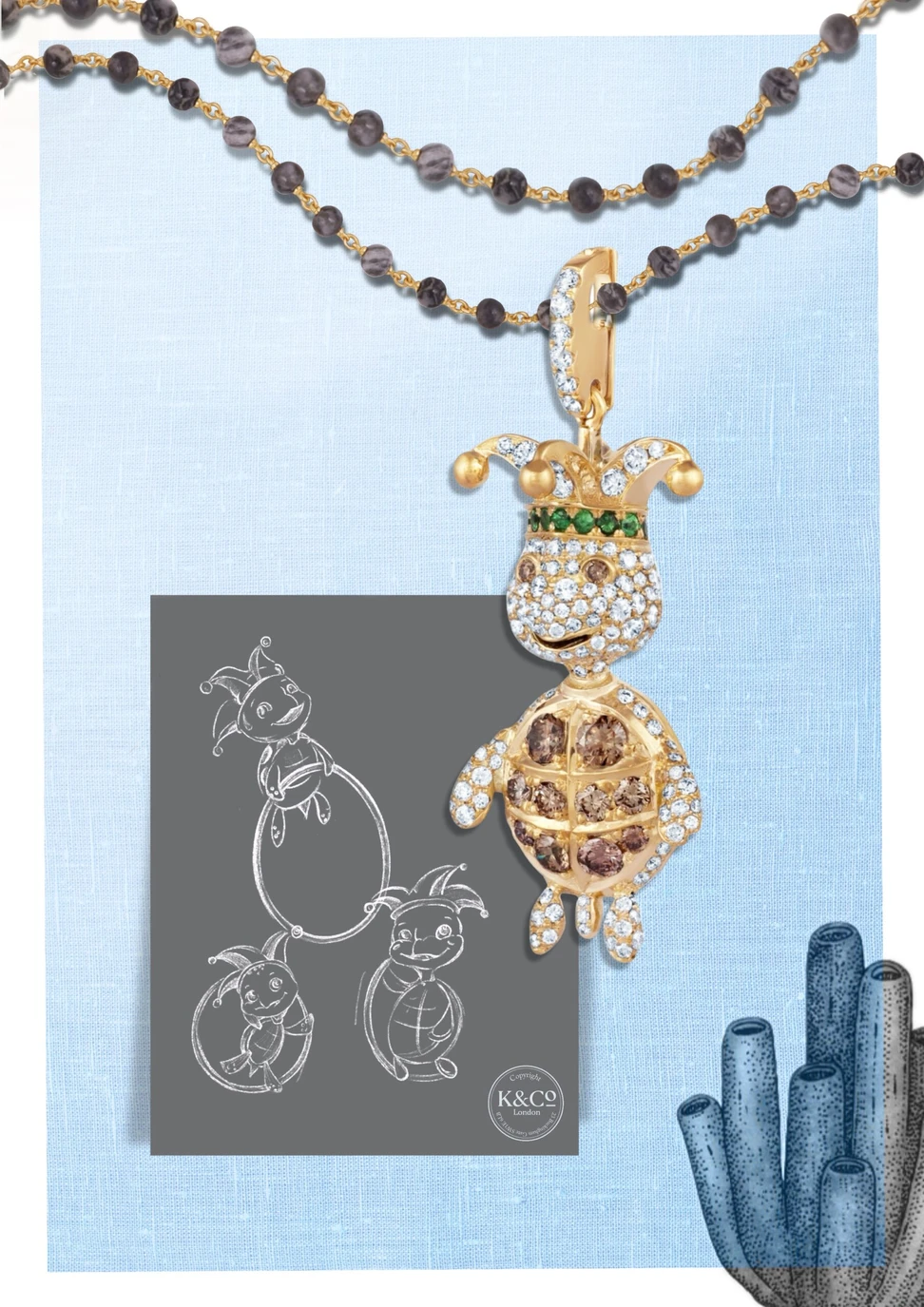 <p>Karina Choudhrie shares the process behind designing the Big Splash Circus Turtle character pendant with pavé diamonds and coloured gemstones in 18k gold </p>
