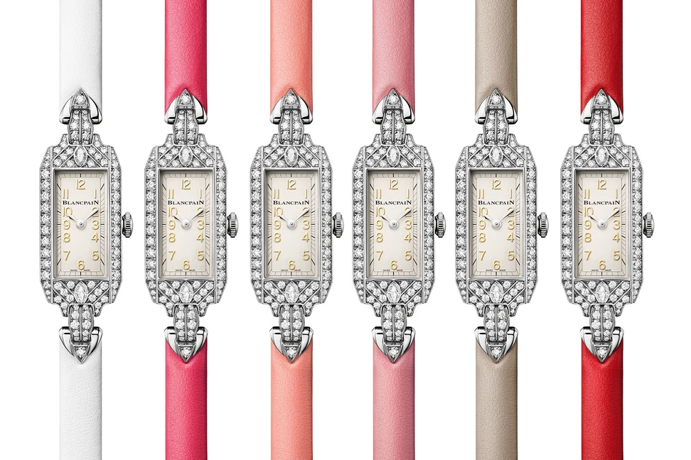 Ladybird Tribute "R" collection by Blancpain, showcasing diamond-set watches paired with a palette of elegant leather straps.