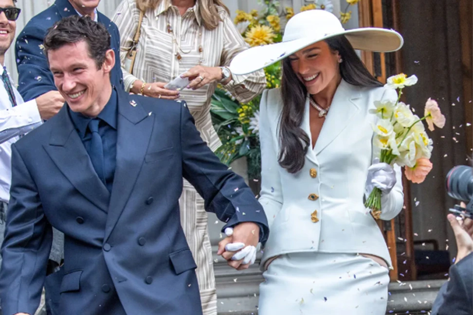 Dua Lipa, showcasing a custom Schiaparelli bridal ensemble and Bulgari jewellery on her wedding day in London.