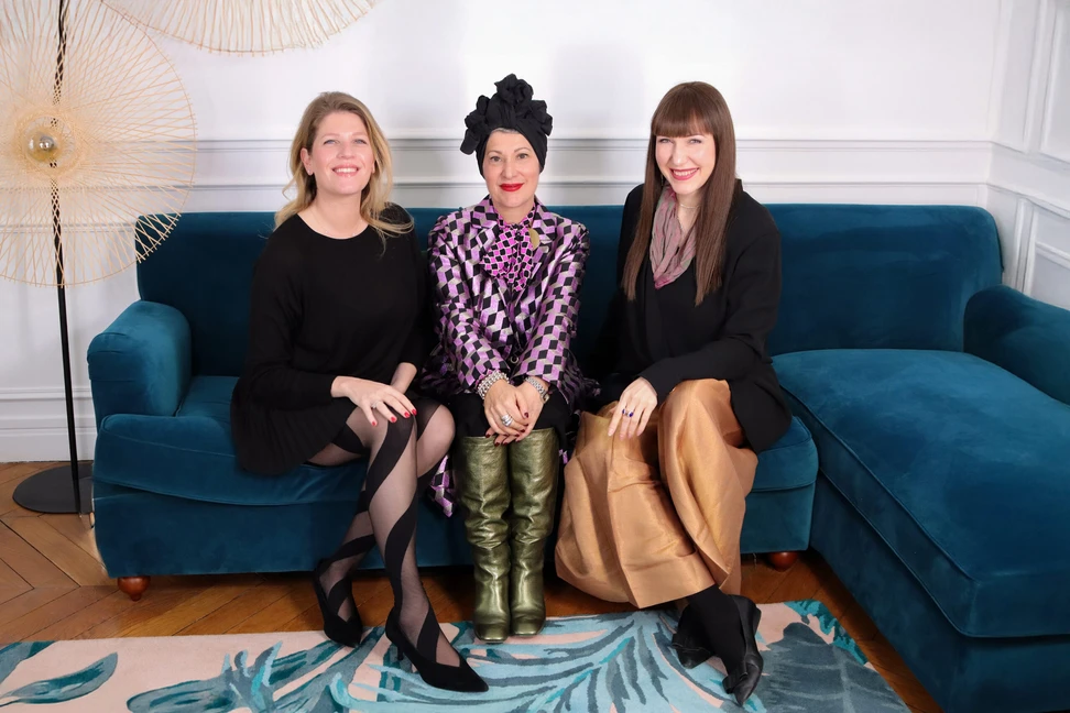 <p>Katerina with Emily in Paris Costume Designer Marylin Fitoussi (centre) and Caroline Simon, founder of Sparkles &amp; Bubbles</p>
