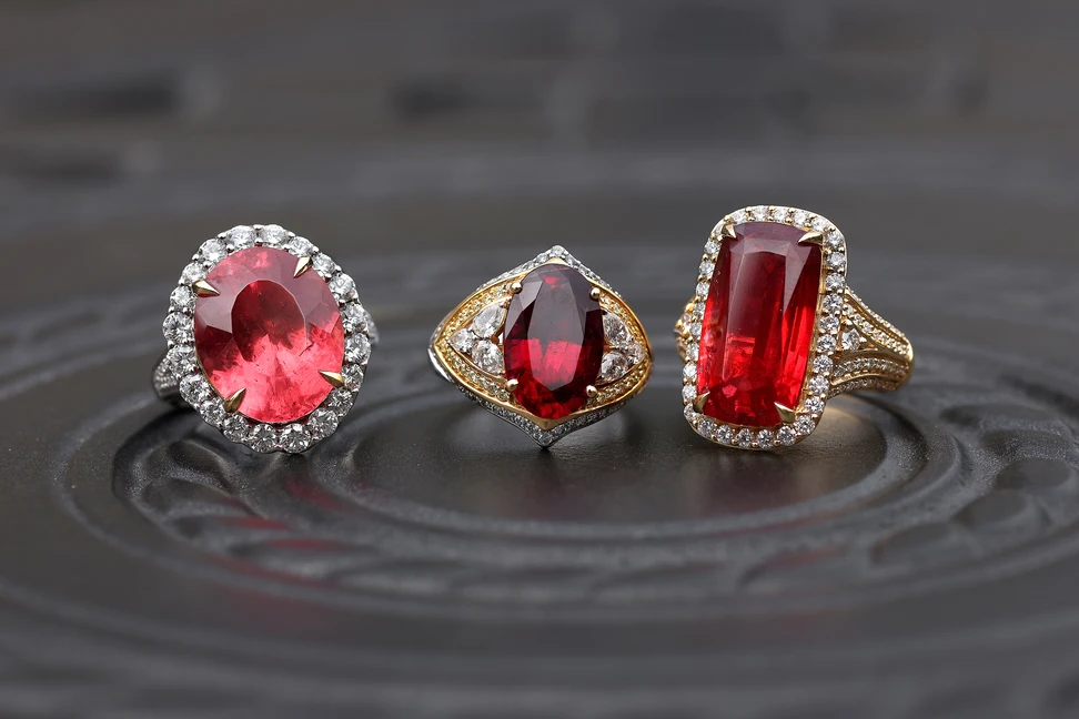 <p>14.72ct oval Sweet Home rhodocrosite ring with white diamonds, 5.32ct oval Primera Rosada rubellite ring with yellow and white diamonds, and 14.88ct cushion cut rhodonite ring with diamonds, all in 18k white and yellow gold</p>
