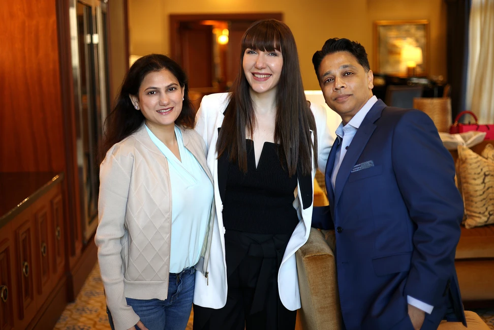 <p>Katerina with husband-and-wife team Swati and Amit Bhansali, founders of Chromia New York</p>

