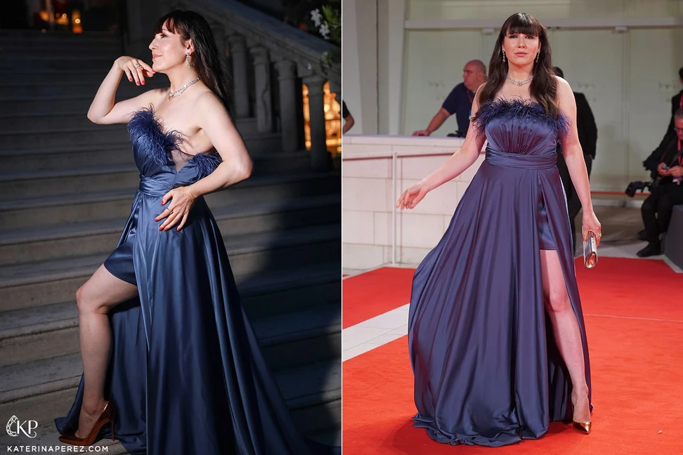 <p>Katerina Perez at the Venice Film Festival 2022 wearing Sima Couture dress and Hassanzadeh jewellery</p>