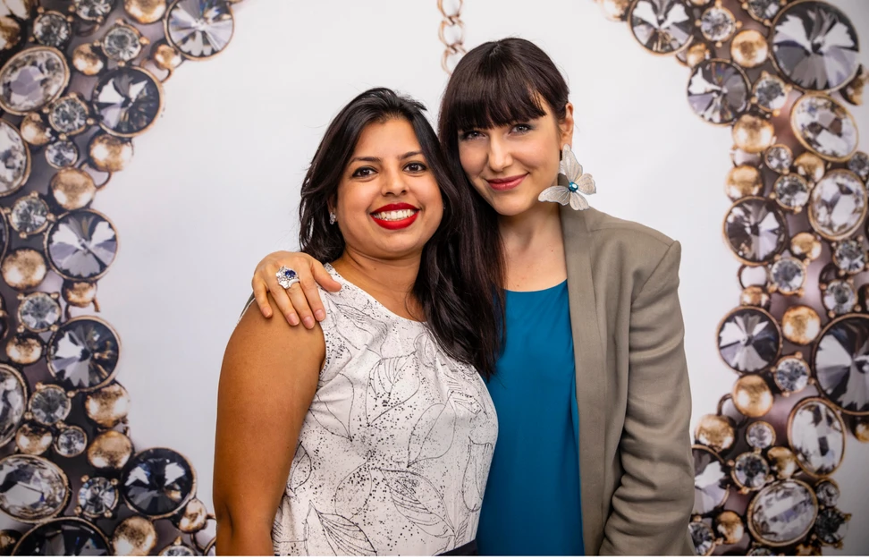 <p>Katerina Perez wearing her butterfly solo earring alongside New Delhi-based jewellery specialist Preeta Agarwal</p>