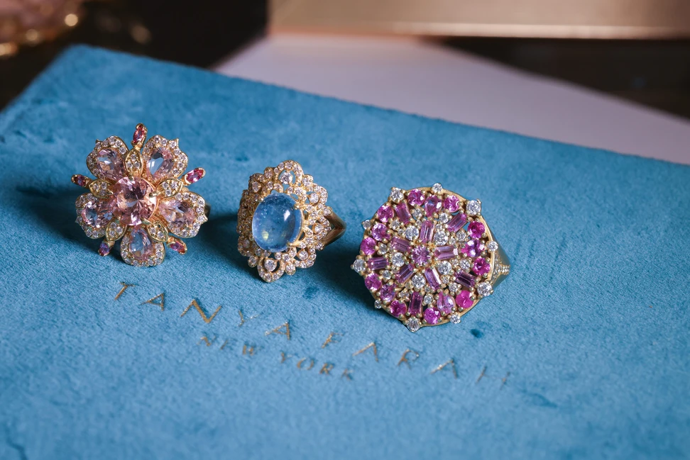 <p>Tanya Farah Fine Jewelry rings including (from left to right), the Jasmine Bloom morganite and diamond ring, the Lattice aquamarine and diamond ring and the Arabian Nights pink sapphire and diamond ring</p>