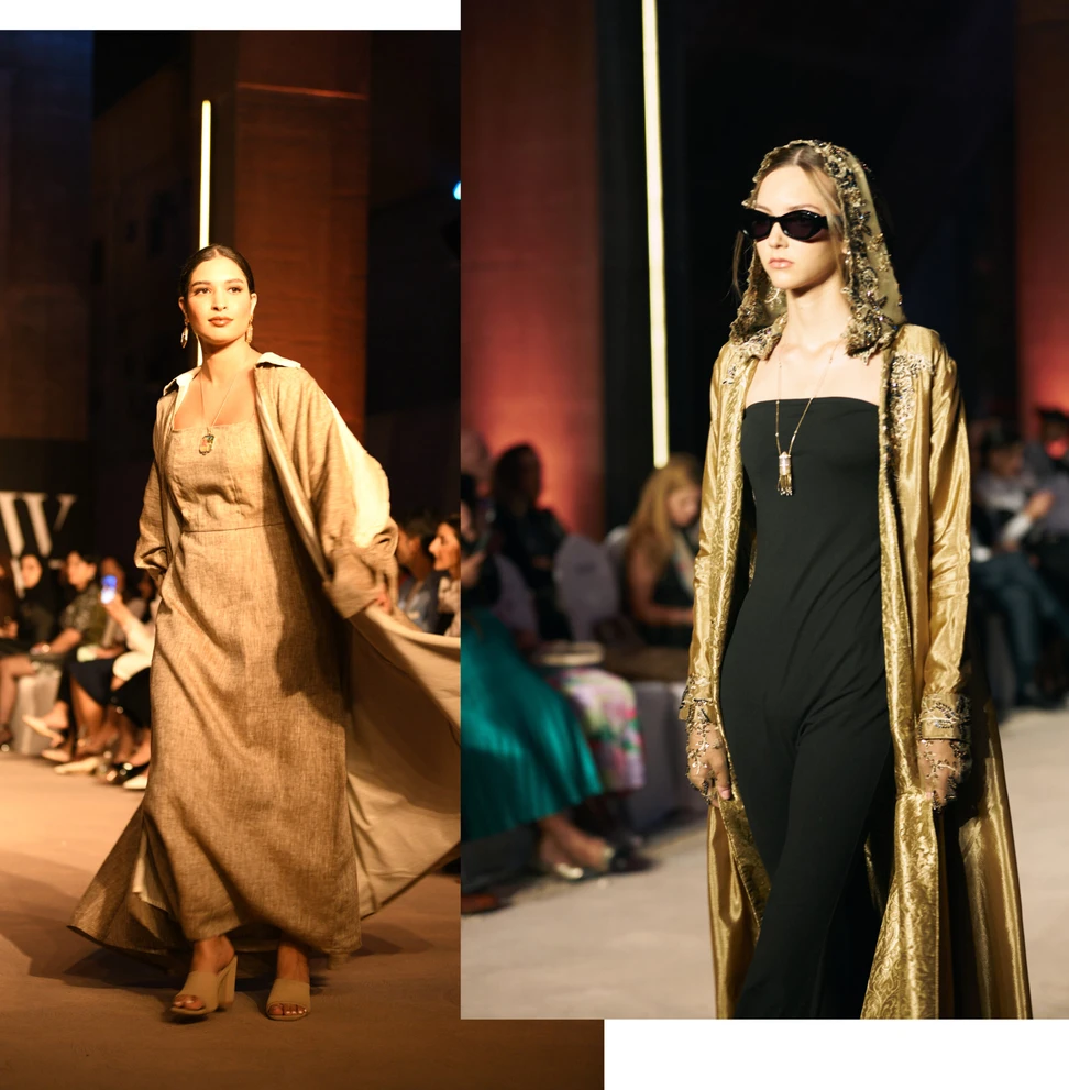 <p>Models wear creations by Kyan Jewelry, including the Qasr Al Hosn Agate necklace (right) with carved agate, diamonds and natural Bahraini pearls in 18k yellow gold </p>
