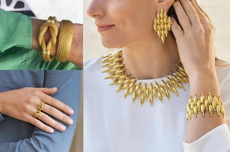 <p>Lalaounis Ray of Light set in 18k hand-hammered gold with diamond accents, Hercules Knot rings in 18k gold, and two hand-woven bracelets in gold, including one featuring the iconic Hercules Knot</p>