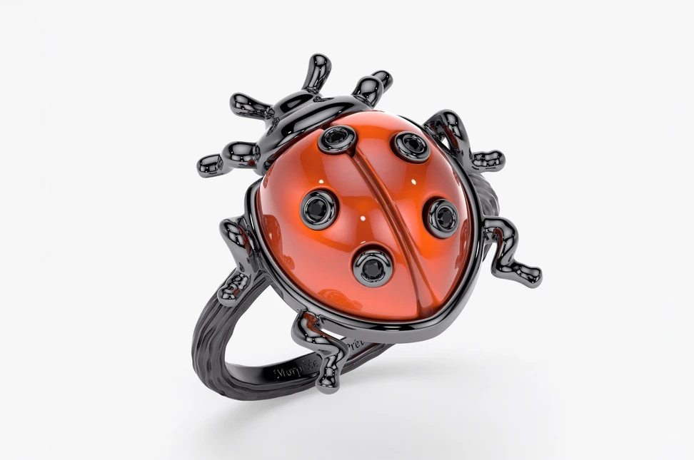 Prêt-à-Briller Large Ladybug ring in 9k black gold set with red agate and black diamonds