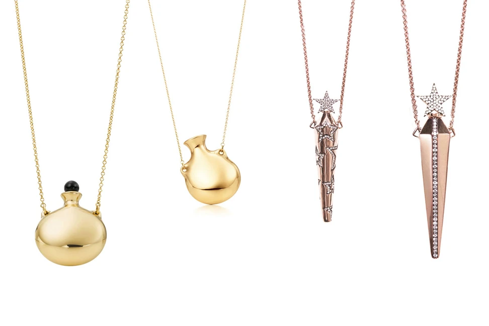 <p>Left: Elsa Peretti for Tiffany&Co gold perfume bottle pendants; right: Diane Kordas Amulette collection pendants</p>