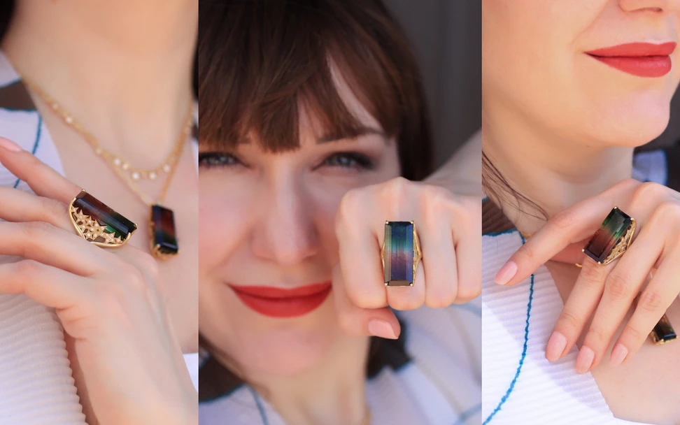 <p>Lisa Nik &#8216;Cuba Libre&#8217; bi-colour tourmaline ring with the brand&#8217;s signature diamond-set star gallery, worn here with a matching bi-colour tourmaline necklace in yellow gold </p>
