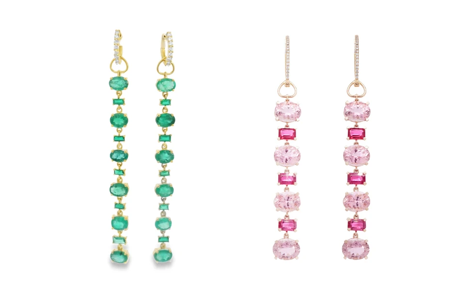 <p>Long earrings from the Lisa Nik Colors collection, including a pair with Colombian emeralds in 18k yellow gold and a shorter pair with pink tourmalines and rubies, set in 18k rose gold </p>
