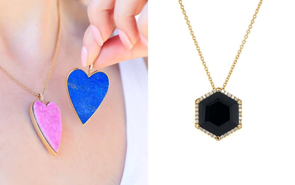 <p>Lisa Nik Druzy Quartz charms (left) and the Rocks Hexagon necklace with black onyx and diamonds in 18k yellow gold </p>
