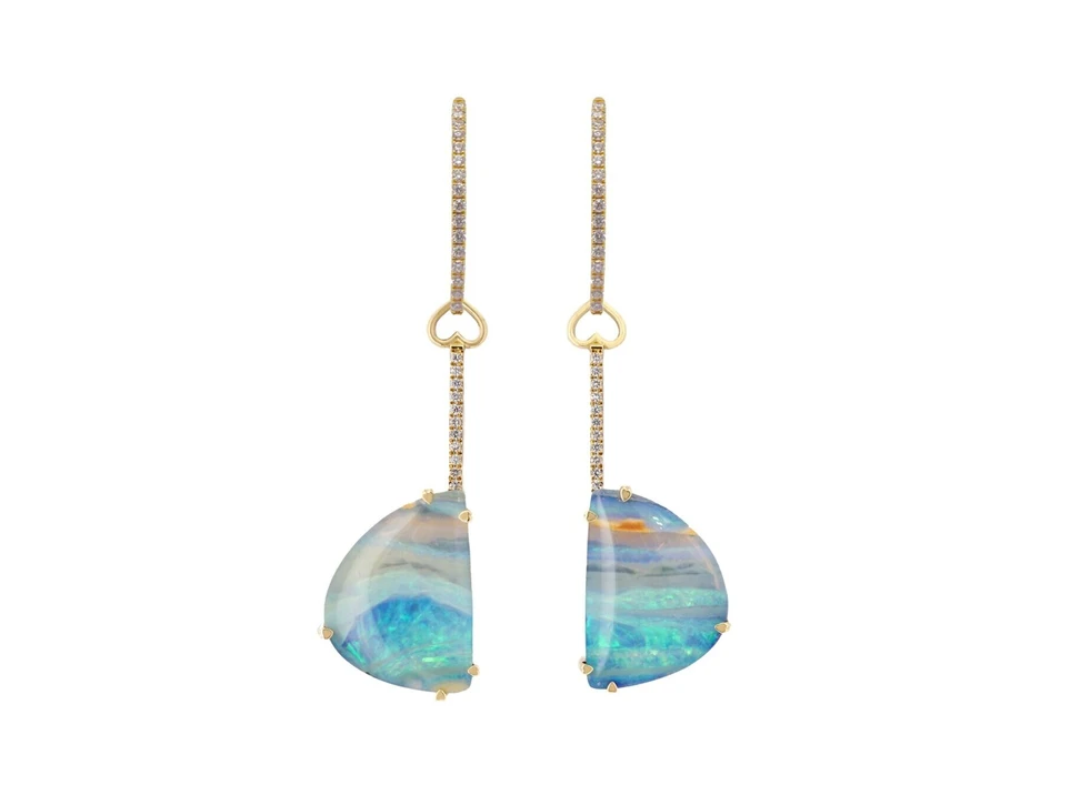 <p>Lisa Nik boulder opal earrings with diamonds and the brand&#8217;s signature heart shape details in 18k yellow gold </p>
