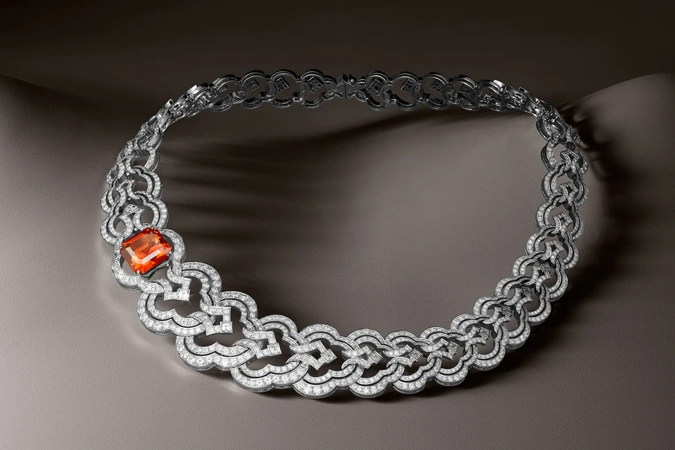 <p>Louis Vuitton Conquêtes collection necklace with 16.82ct mandarin garnet and diamonds in white gold</p>